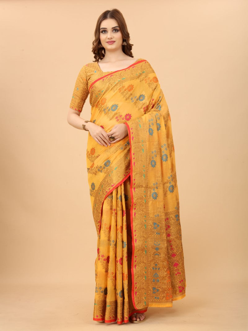 Women's Yellow color With Golden Zari Chanderi Cotton silk saree with Customize blouse piece