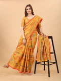 Women's Yellow color With Golden Zari Chanderi Cotton silk saree with Customize blouse piece