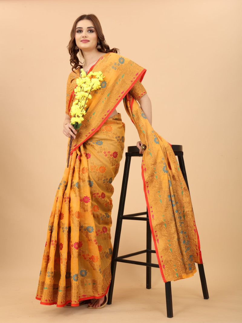 Women's Yellow color With Golden Zari Chanderi Cotton silk saree with Customize blouse piece