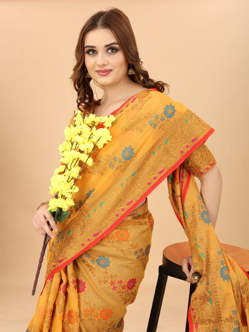 Women's Yellow color With Golden Zari Chanderi Cotton silk saree with Customize blouse piece