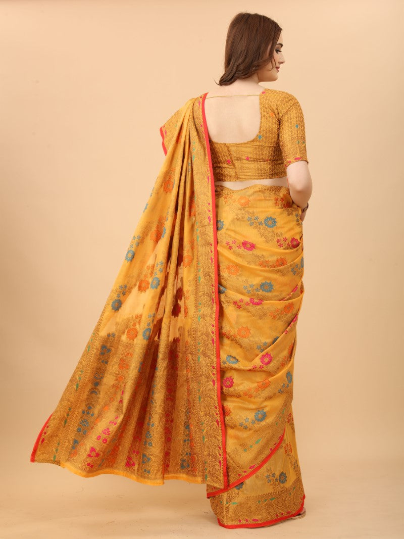 Women's Yellow color With Golden Zari Chanderi Cotton silk saree with Customize blouse piece