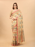 Women's Cream color With Golden Zari Chanderi Cotton silk saree with Customize blouse piece