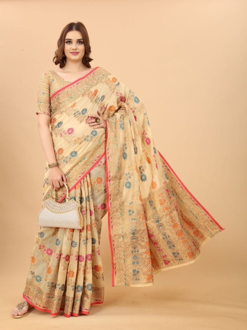 Women's Cream color With Golden Zari Chanderi Cotton silk saree with Customize blouse piece