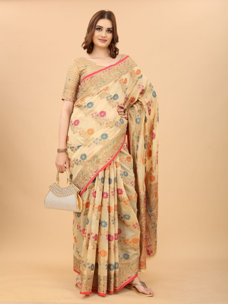 Women's Cream color With Golden Zari Chanderi Cotton silk saree with Customize blouse piece