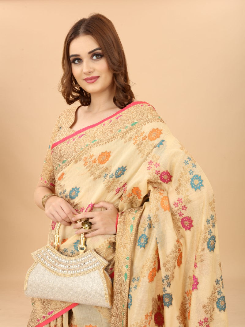 Women's Cream color With Golden Zari Chanderi Cotton silk saree with Customize blouse piece