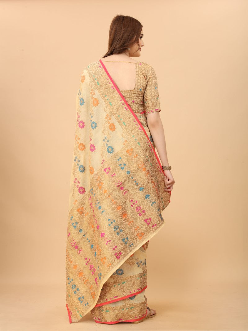 Women's Cream color With Golden Zari Chanderi Cotton silk saree with Customize blouse piece