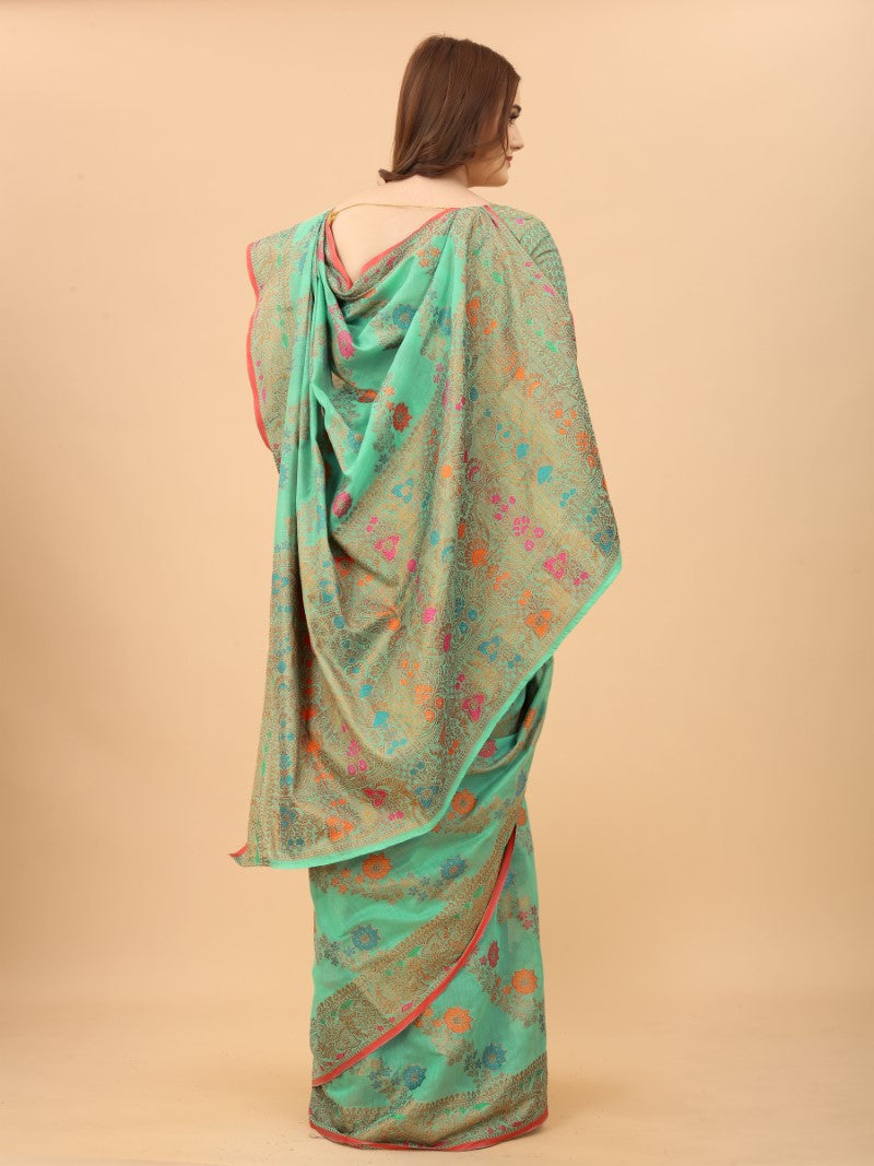 Women's Firozi color With Golden Zari Chanderi Cotton silk saree with Customize blouse piece