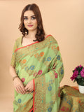 Women's Pista color With Golden Zari Chanderi Cotton silk saree with Customize blouse piece