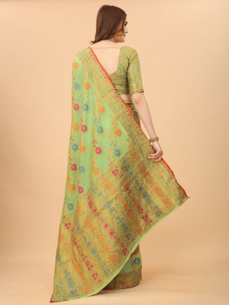 Women's Pista color With Golden Zari Chanderi Cotton silk saree with Customize blouse piece