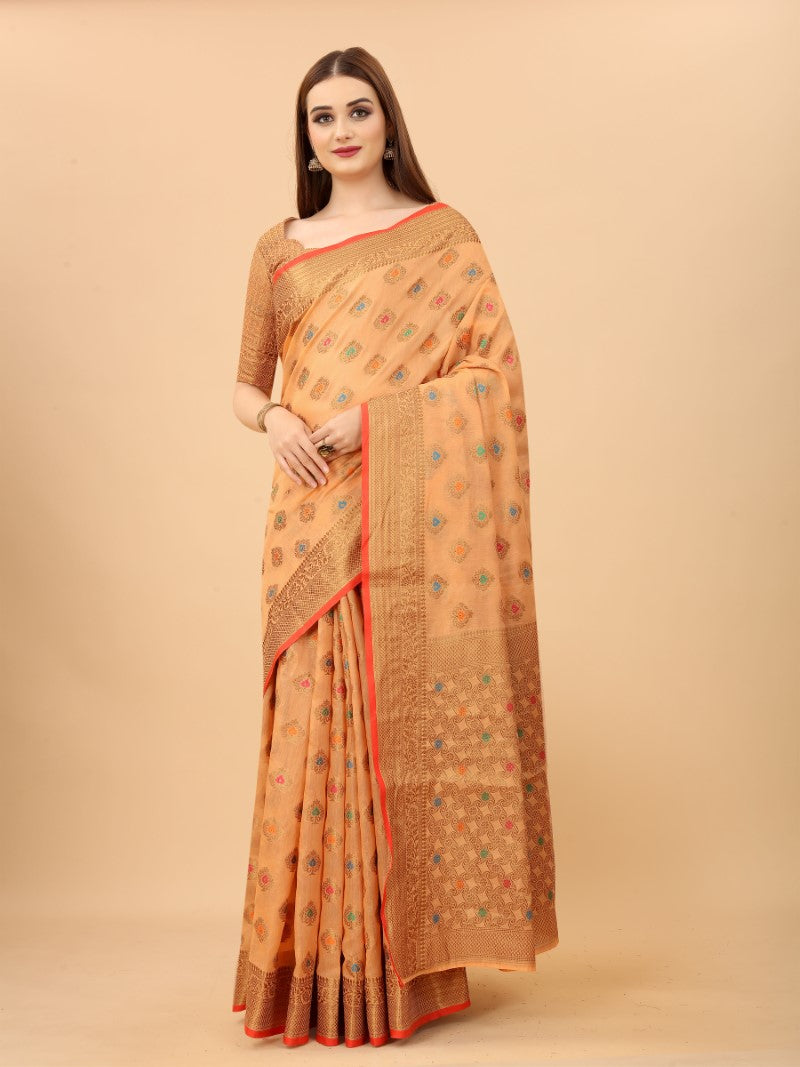 Women's Orange color With Golden Zari Chanderi Cotton silk saree with Customize blouse piece