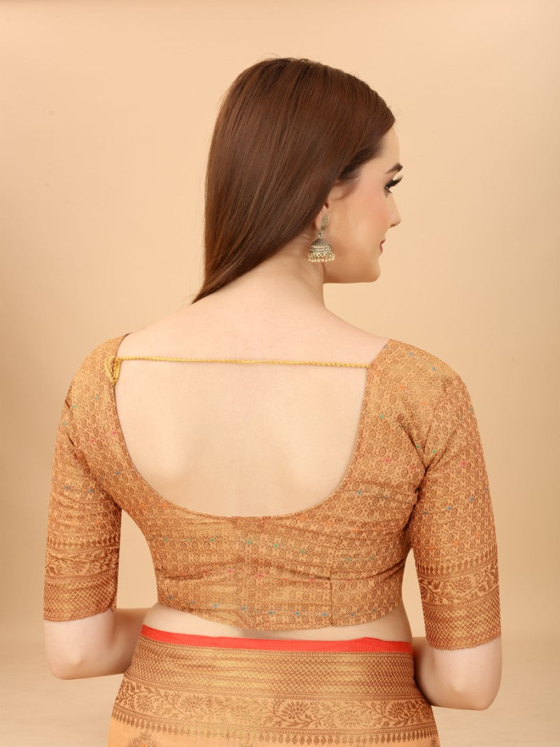 Women's Orange color With Golden Zari Chanderi Cotton silk saree with Customize blouse piece