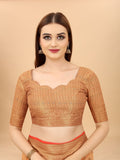 Women's Orange color With Golden Zari Chanderi Cotton silk saree with Customize blouse piece