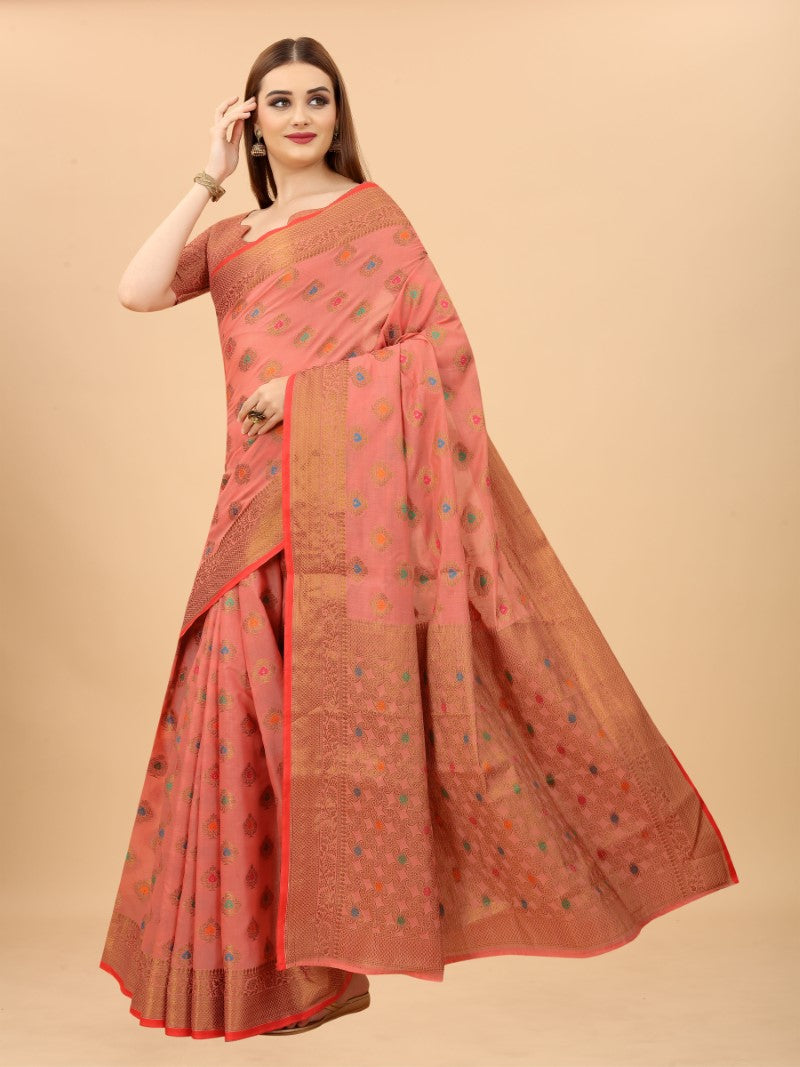 Women's Pink color With Golden Zari Chanderi Cotton silk saree with Customize blouse piece