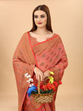 Women's Pink color With Golden Zari Chanderi Cotton silk saree with Customize blouse piece