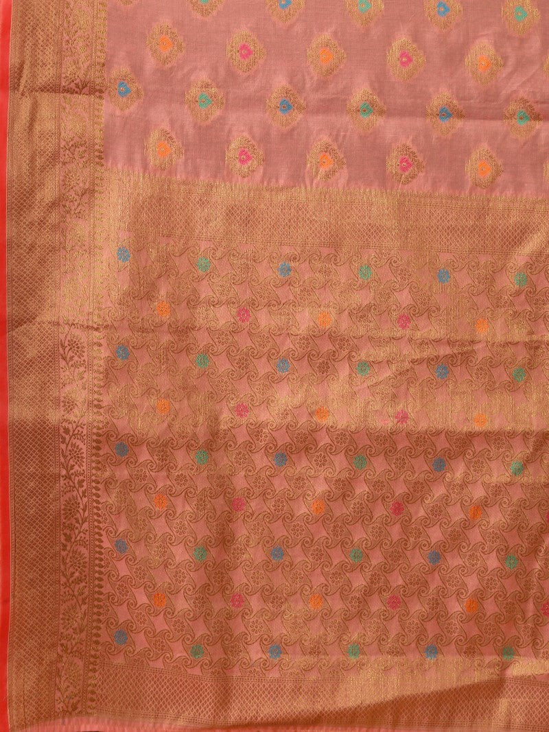 Women's Pink color With Golden Zari Chanderi Cotton silk saree with Customize blouse piece