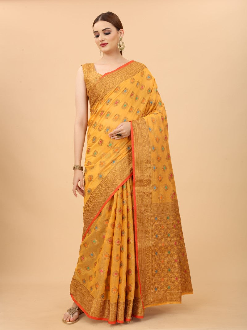 Women's Yellow color With Golden Zari Chanderi Cotton silk saree with Customize blouse piece