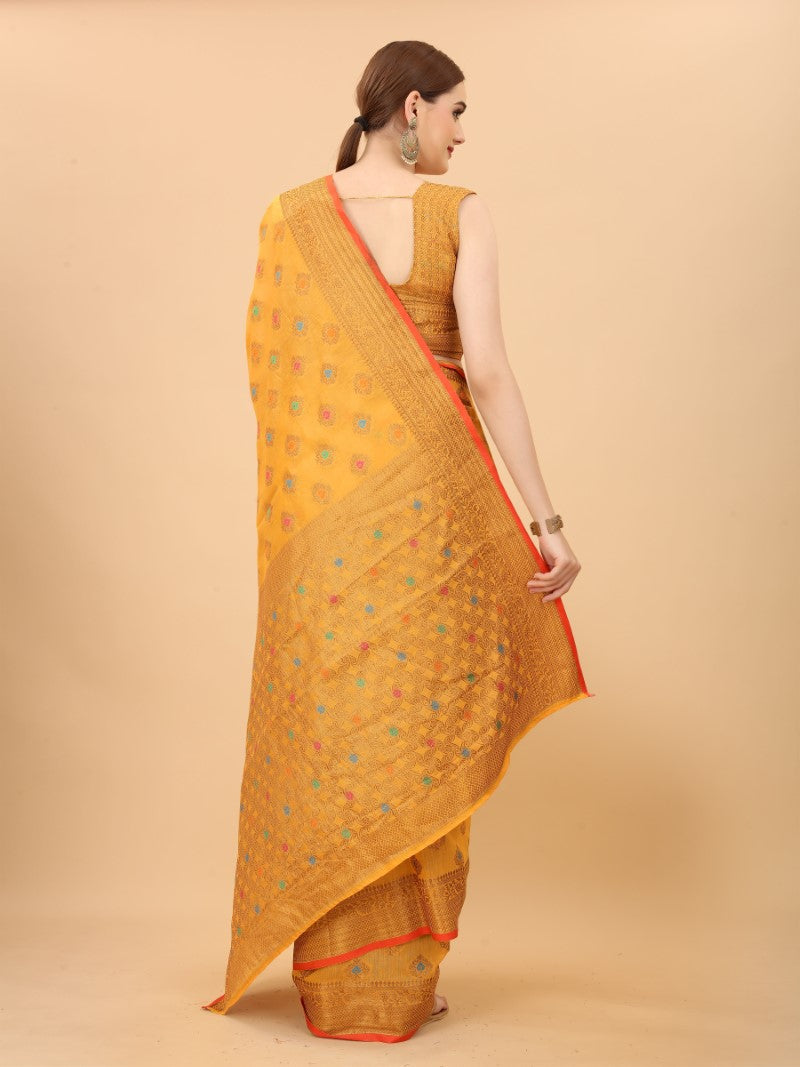 Women's Yellow color With Golden Zari Chanderi Cotton silk saree with Customize blouse piece