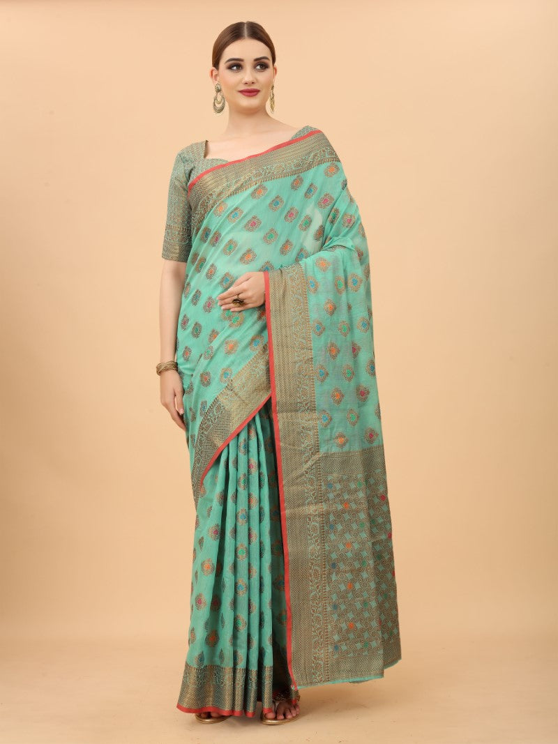 Women's Firozi color With Golden Zari Chanderi Cotton silk saree with Customize blouse piece