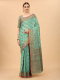 Women's Firozi color With Golden Zari Chanderi Cotton silk saree with Customize blouse piece