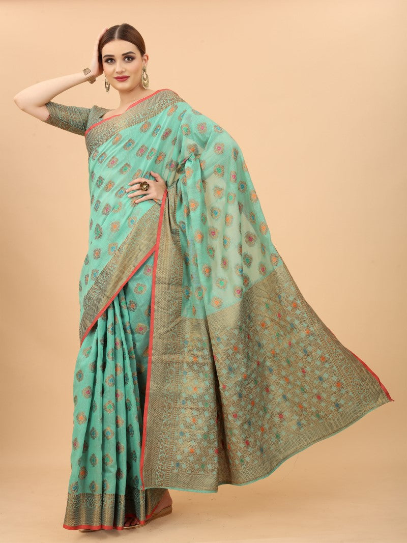 Women's Firozi color With Golden Zari Chanderi Cotton silk saree with Customize blouse piece