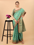 Women's Firozi color With Golden Zari Chanderi Cotton silk saree with Customize blouse piece