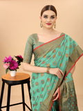 Women's Firozi color With Golden Zari Chanderi Cotton silk saree with Customize blouse piece