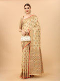 Women's Cream color With Golden Zari Chanderi Cotton silk saree with Customize blouse piece