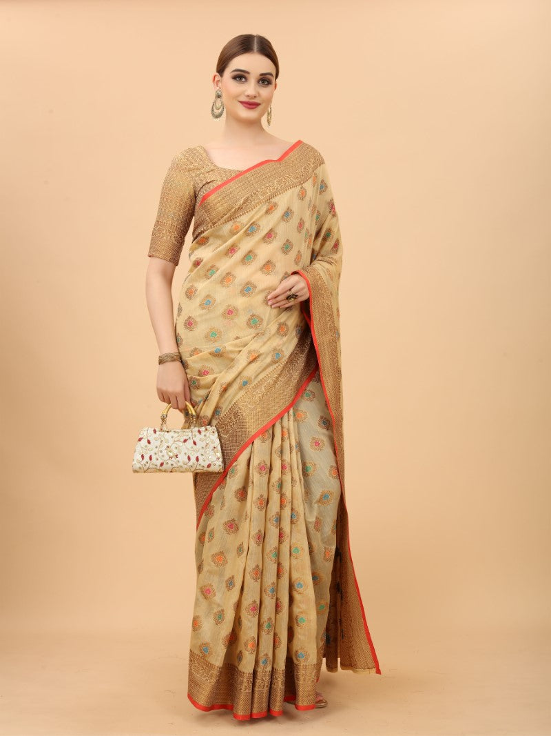 Women's Cream color With Golden Zari Chanderi Cotton silk saree with Customize blouse piece