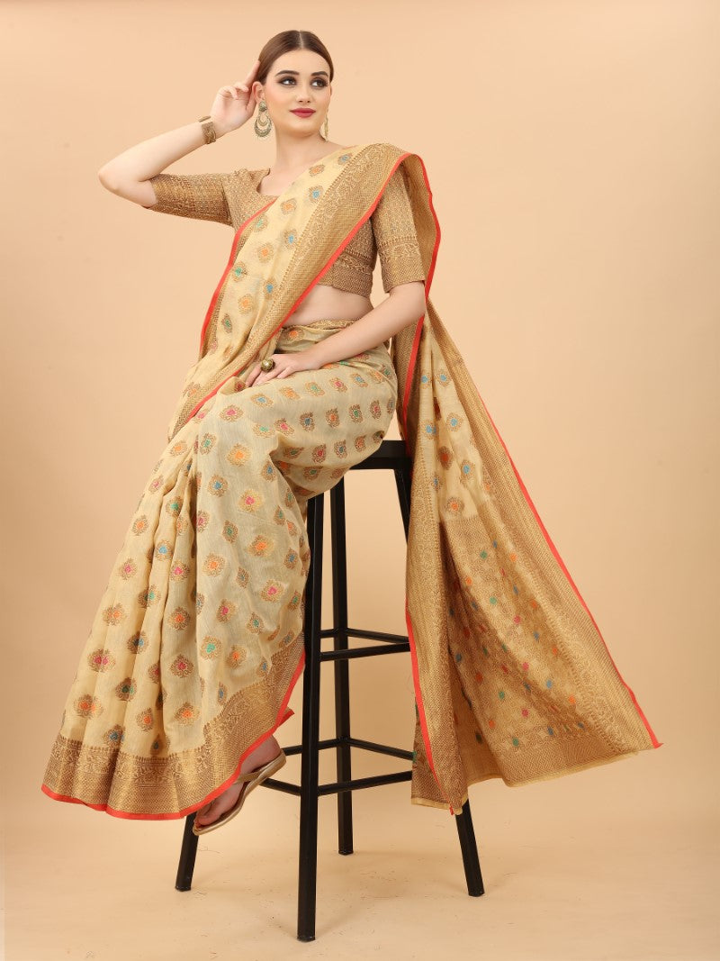 Women's Cream color With Golden Zari Chanderi Cotton silk saree with Customize blouse piece