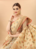 Women's Cream color With Golden Zari Chanderi Cotton silk saree with Customize blouse piece