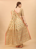 Women's Cream color With Golden Zari Chanderi Cotton silk saree with Customize blouse piece