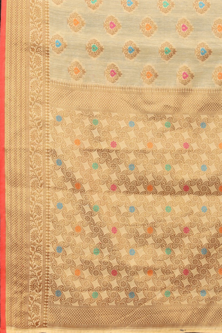 Women's Cream color With Golden Zari Chanderi Cotton silk saree with Customize blouse piece