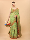 Women's Pista color With Golden Zari Chanderi Cotton silk saree with Customize blouse piece