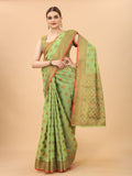 Women's Pista color With Golden Zari Chanderi Cotton silk saree with Customize blouse piece