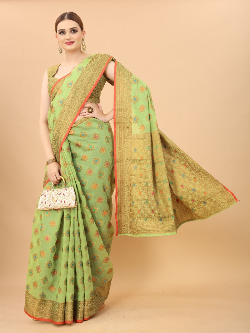 Women's Pista color With Golden Zari Chanderi Cotton silk saree with Customize blouse piece