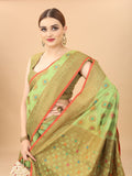 Women's Pista color With Golden Zari Chanderi Cotton silk saree with Customize blouse piece