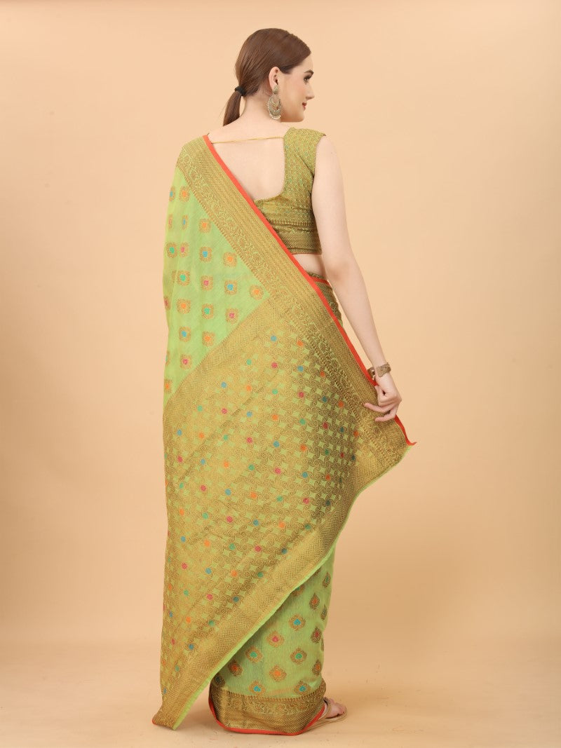 Women's Pista color With Golden Zari Chanderi Cotton silk saree with Customize blouse piece