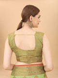 Women's Pista color With Golden Zari Chanderi Cotton silk saree with Customize blouse piece