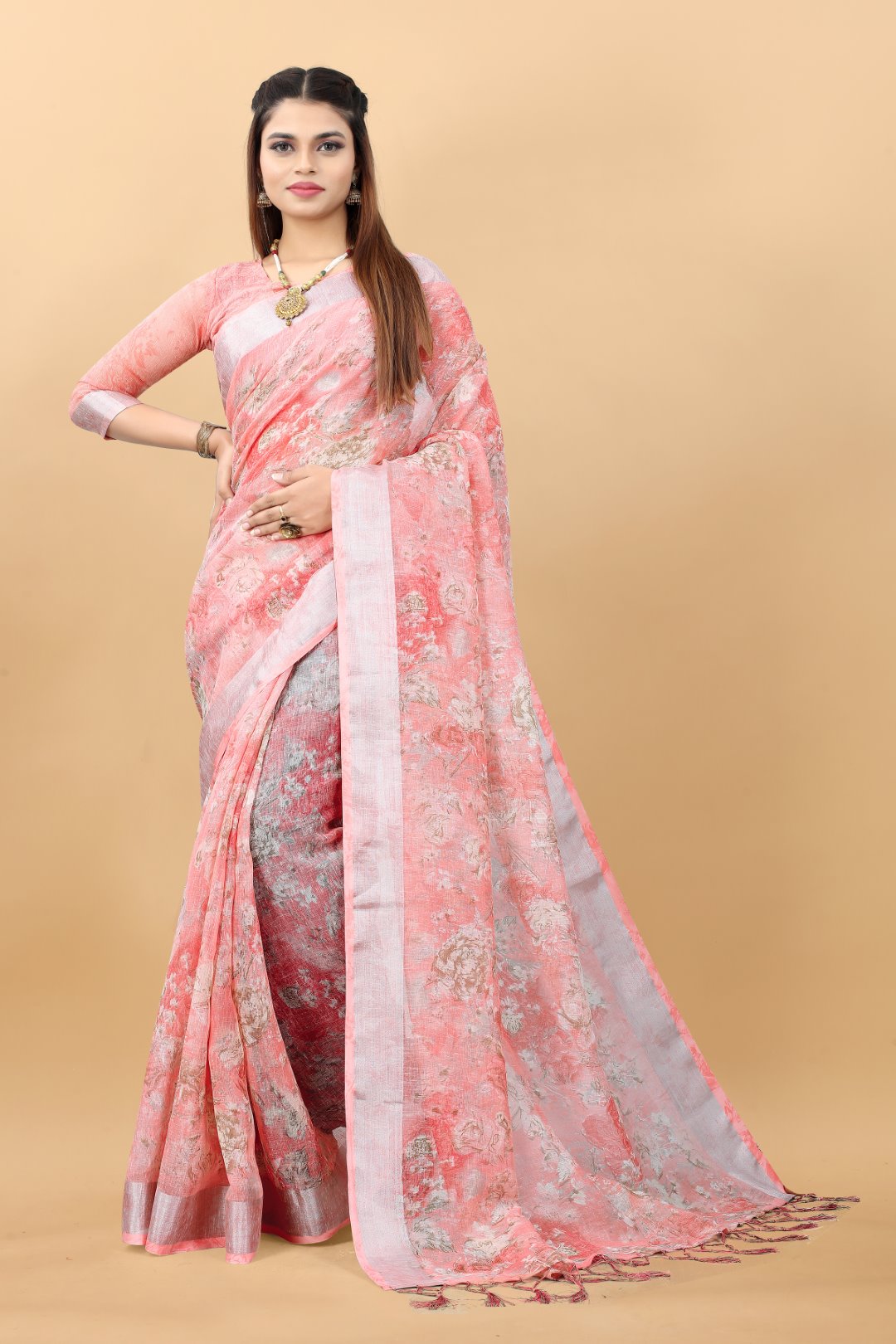 VSaree Printed Linen Cotton Flower Print zari Border Saree with Plain Blouse