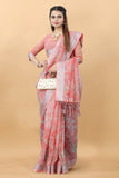 VSaree Printed Linen Cotton Flower Print zari Border Saree with Plain Blouse