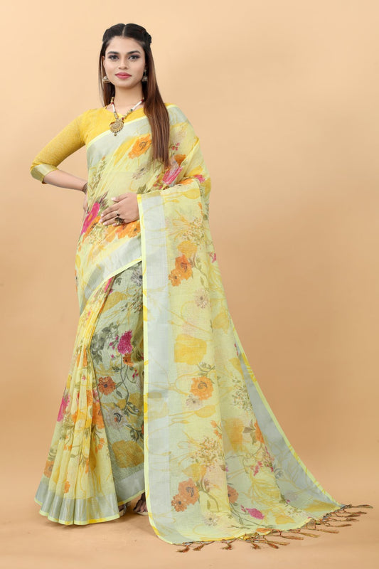 VSaree Printed Linen Cotton Flower Print zari Border Saree with Plain Blouse