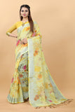 VSaree Printed Linen Cotton Flower Print zari Border Saree with Plain Blouse