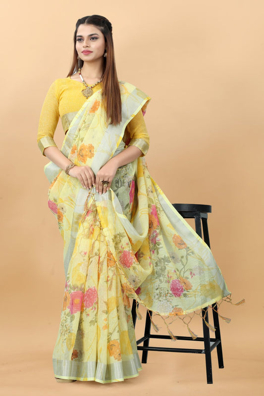 VSaree Printed Linen Cotton Flower Print zari Border Saree with Plain Blouse