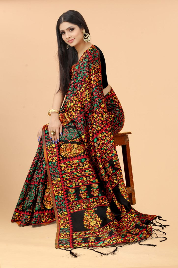 Women's Black color With Golden Zari Kalamkari Cotton saree with Customize blouse piece