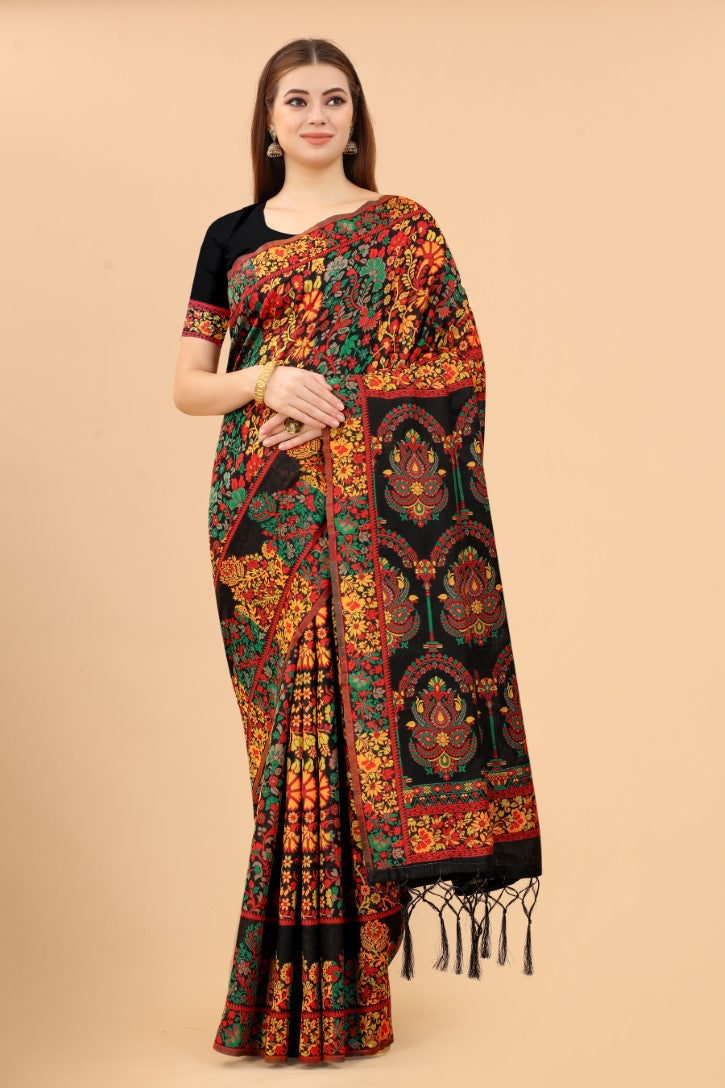 Women's Black color With Golden Zari Kalamkari Cotton saree with Customize blouse piece