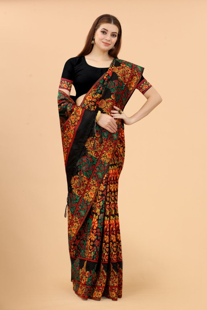 Women's Black color With Golden Zari Kalamkari Cotton saree with Customize blouse piece