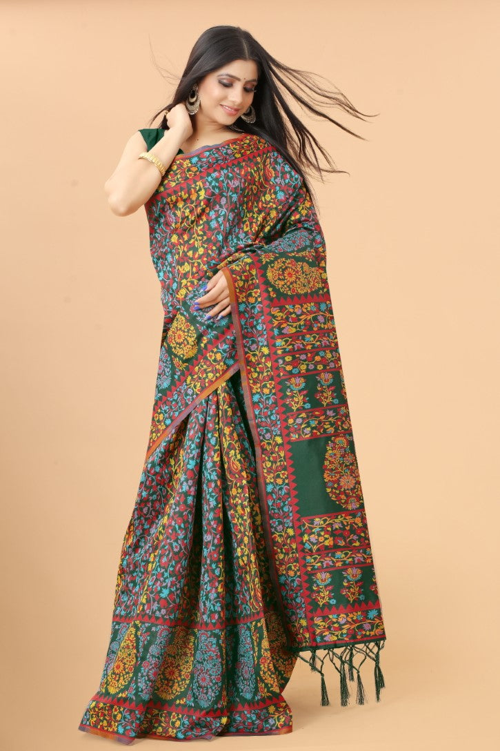 Women's Dark Green color With Golden Zari Kalamkari Cotton saree with Customize blouse piece