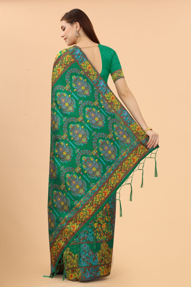 Women's Dark Green color With Golden Zari Kalamkari Cotton saree with Customize blouse piece