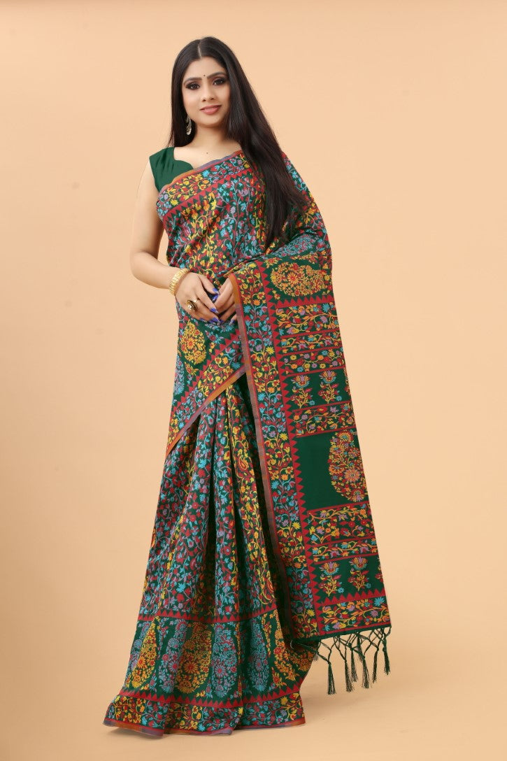 Women's Dark Green color With Golden Zari Kalamkari Cotton saree with Customize blouse piece