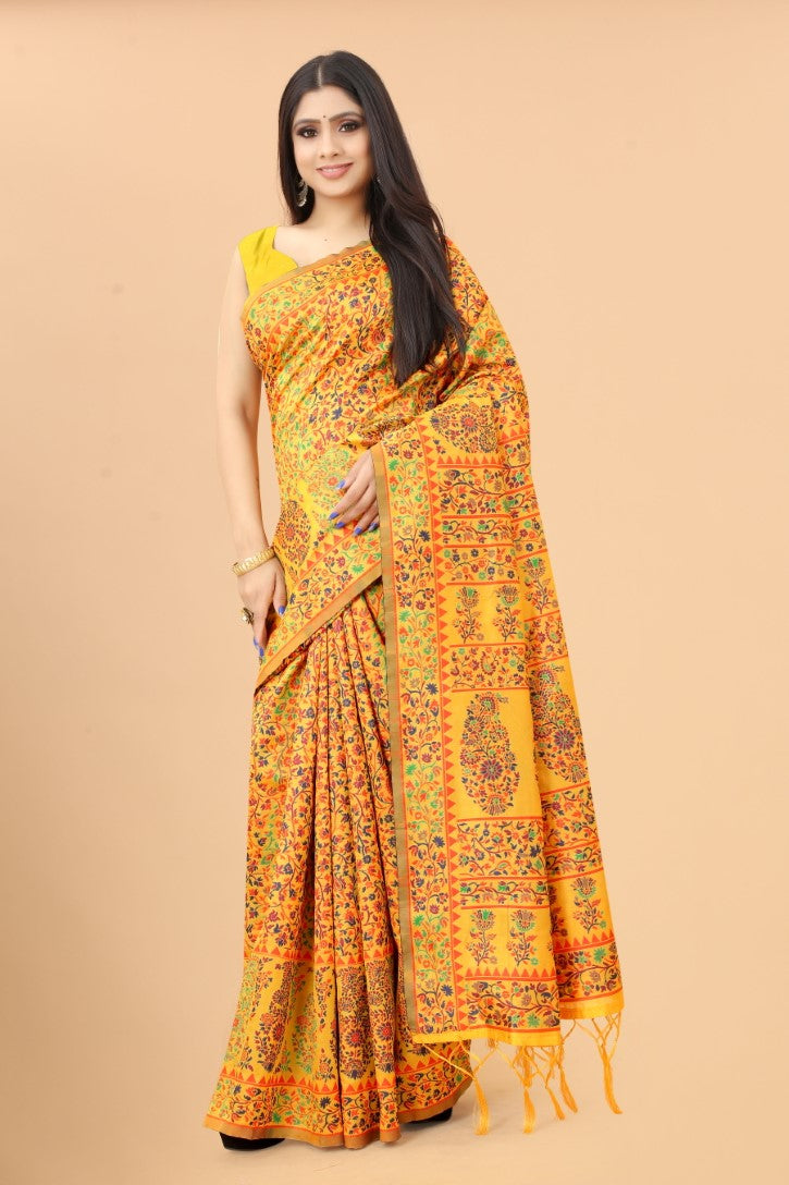 Women's Yellow color With Golden Zari Kalamkari Cotton saree with Customize blouse piece